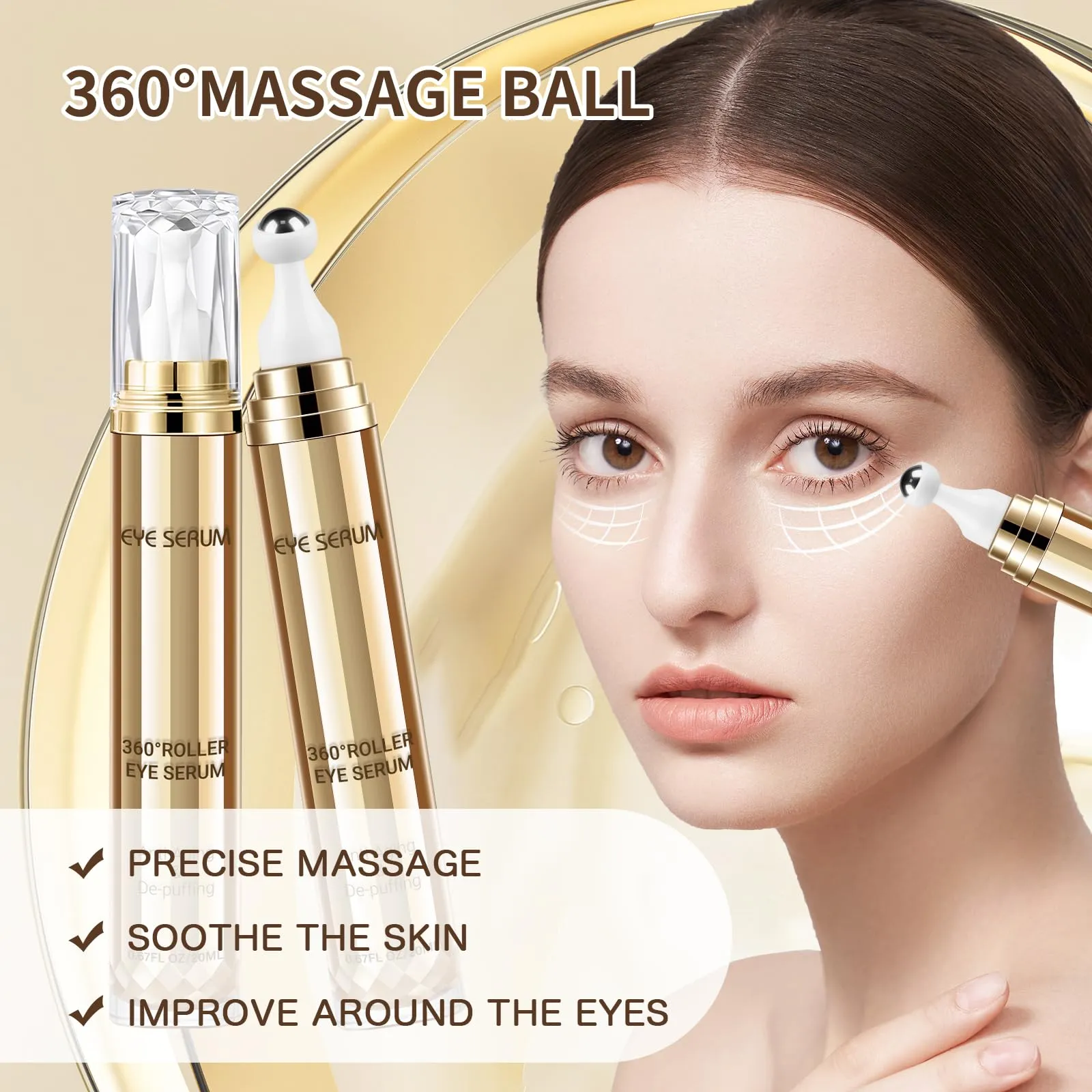 5% Caffeine Eye Serum, 0.67 Fl. Oz. Under Eye Cream for Dark Circles and Puffiness Eye Care Eye Serum Anti Aging with 360° Massage Ball Reduce Eye Bags, Wrinkles and Fine Lines Gold