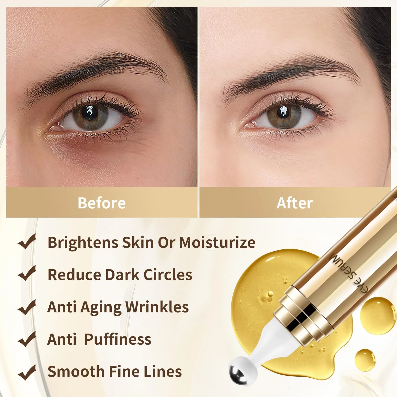 5% Caffeine Eye Serum, 0.67 Fl. Oz. Under Eye Cream for Dark Circles and Puffiness Eye Care Eye Serum Anti Aging with 360° Massage Ball Reduce Eye Bags, Wrinkles and Fine Lines Gold