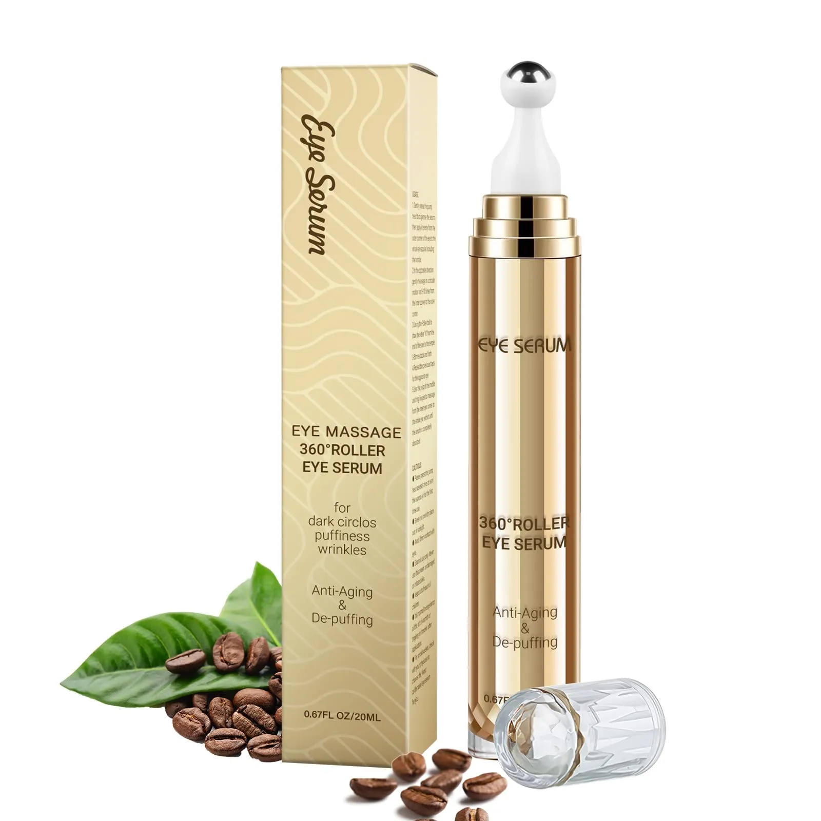 5% Caffeine Eye Serum, 0.67 Fl. Oz. Under Eye Cream for Dark Circles and Puffiness Eye Care Eye Serum Anti Aging with 360° Massage Ball Reduce Eye Bags, Wrinkles and Fine Lines Gold