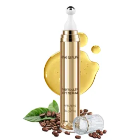 5% Caffeine Eye Serum, 0.67 Fl. Oz. Under Eye Cream for Dark Circles and Puffiness Eye Care Eye Serum Anti Aging with 360° Massage Ball Reduce Eye Bags, Wrinkles and Fine Lines Gold