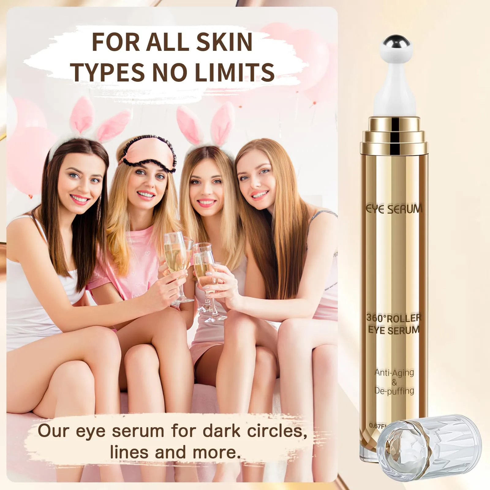 5% Caffeine Eye Serum, 0.67 Fl. Oz. Under Eye Cream for Dark Circles and Puffiness Eye Care Eye Serum Anti Aging with 360° Massage Ball Reduce Eye Bags, Wrinkles and Fine Lines Gold