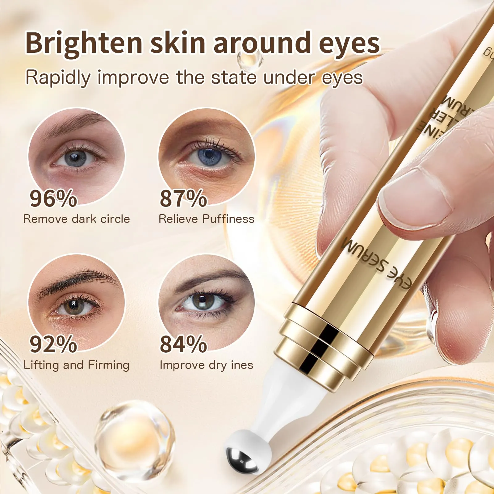 5% Caffeine Eye Serum, 0.67 Fl. Oz. Under Eye Cream for Dark Circles and Puffiness Eye Care Eye Serum Anti Aging with 360° Massage Ball Reduce Eye Bags, Wrinkles and Fine Lines Gold