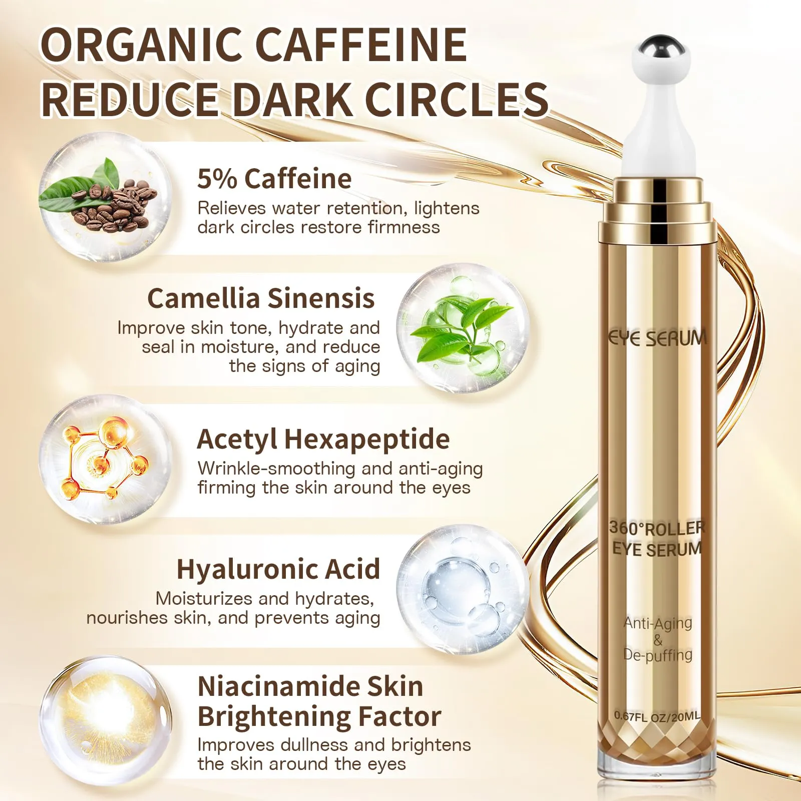 5% Caffeine Eye Serum, 0.67 Fl. Oz. Under Eye Cream for Dark Circles and Puffiness Eye Care Eye Serum Anti Aging with 360° Massage Ball Reduce Eye Bags, Wrinkles and Fine Lines Gold
