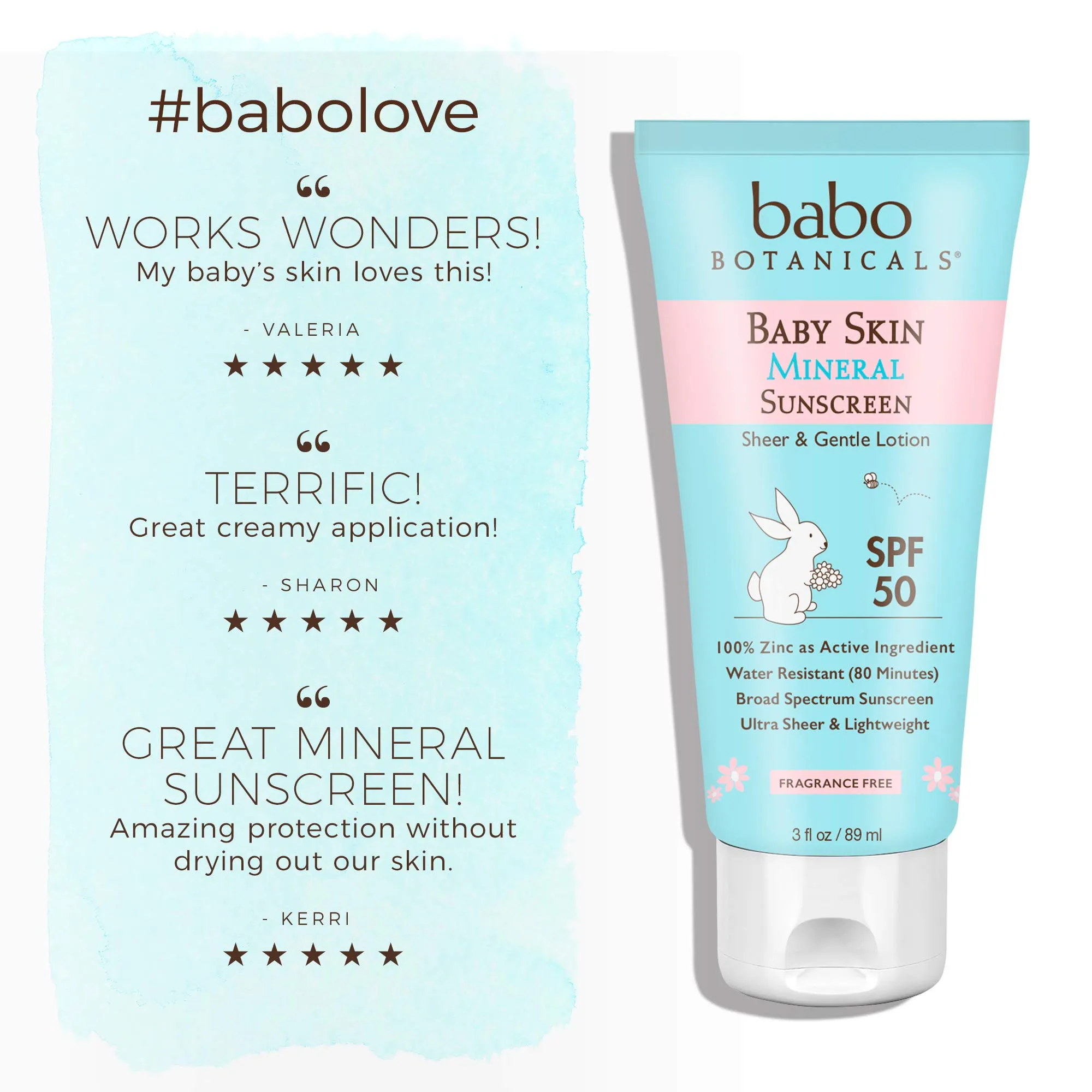 Babo Botanicals Baby Skin Mineral Sunscreen Lotion SPF 50 Broad Spectrum - with 100% Zinc Oxide Active – Fragrance-Free, Water-Resistant, Ultra-Sheer & Lightweight - 3 fl. oz.